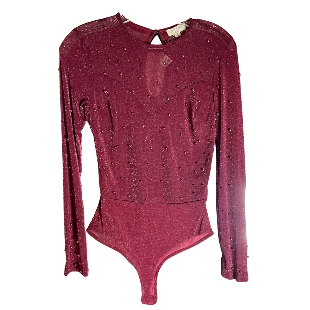 NWT CHOCOLATE USA BURGUNDY PEARL STUDDED METALLIC KNIT BODYSUIT, LONG SLEEVED.